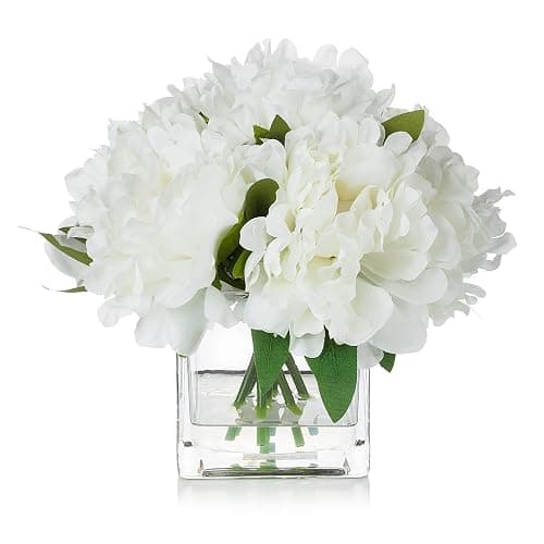ENOVA FLORAL 7 Heads Peonies Artificial Flowers in Vase, Small Fake Silk Flowers with Vase, Artificial Floral Arrangements with Vase for Dining Table (White) - Image 1