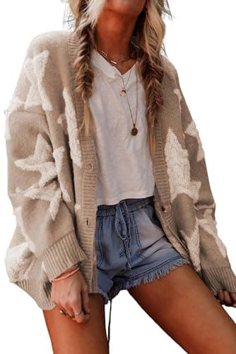 KevaMolly Womens Cardigan Sweater Sherpa Star Pattern Textured Sweater Cardigan with Pockets Casual Knit Coat - Image 1