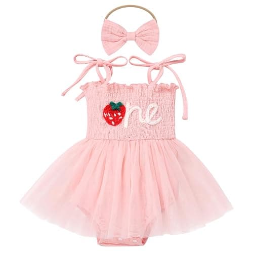IBTOM CASTLE Baby Girl 1st Birthday Outfit Floral Strawberry Smocked Tutu Dress One Year Old Birthday Cake Smash Photoshoot - Image 1