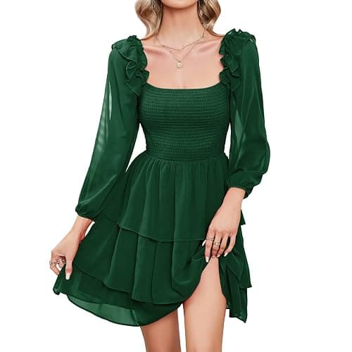 Byinns Womens Smocked Ruffle Mini Dress Square Neck Long Sleeve Party Dress | Cute Spring Sundresses, Shirred Layered Dress, Cottagecore, Wedding Guset, Graduation, Holiday, Cocktail, Date Night, Beach - Image 1