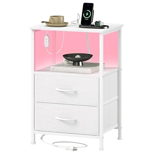 Somdot White Nightstand with Charging Station and LED Light for Bedroom, 2 Drawers Dresser with Fabric Bins for Bedside Kids Dorm Room Closet Laundry Entryway, White Leather - Image 1