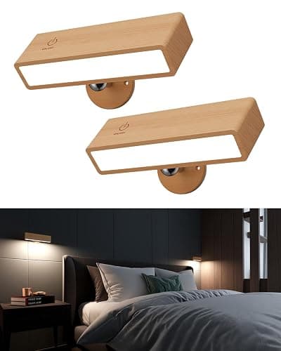 YiLaie Wall Sconces Battery Operated Set of Two,Rechargeable Wall Lamps for Bedroom,Wall Lights Wireless Dimmable,Wood Wall Sconce with 360 Rotation,Peel and Stick Wall Sconces for Bedroom Bedside - Image 1