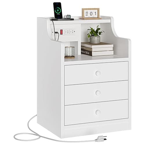 ADORNEVE Nightstand with Charging Station,White Night Stand with Hutch,Bedside Table with Drawers,Bed Side Table with Storage - Image 1