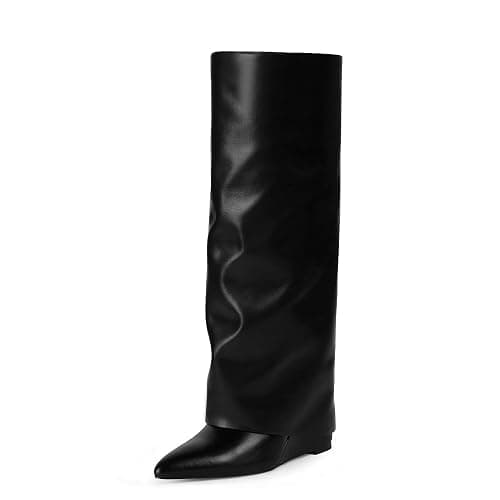 Modatope Knee High Boots Women Fold Over Boots Wedge Heel Slouchy Tall Boots Zipper Pointed Toe Dress Fall Long Boot for Women - Image 1