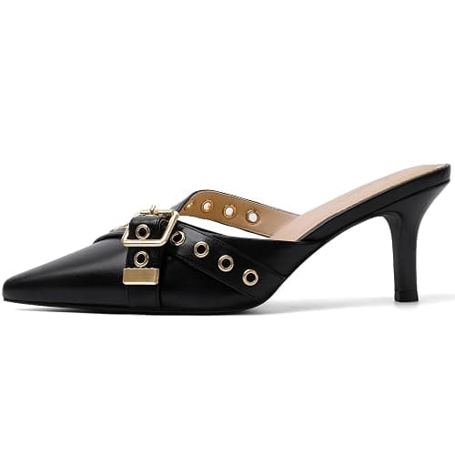 Mostrin Kitten Mules Heels for Women Pointed Closed Toe Heels Vintage Slip on Stiletto Dressy Pumps Shoes - Image 1