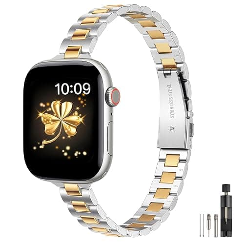 WFEAGL Slim Metal Watch Band Compatible with Apple Watch 38mm 40mm 41mm 42mm(Series 11 10), Dressy Stainless Steel Strap for Women iWatch Bands Series10/9/8/7/6/5/4/3/2/1/SE (Silver+Gold) - Image 1