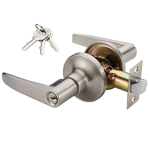 1 Pack of MANREN Lever Keyed Entry Door Lever Handle Lock, Universal Door Knob Hardware,Nickel Brushed Color (MR802-CA) - Image 1