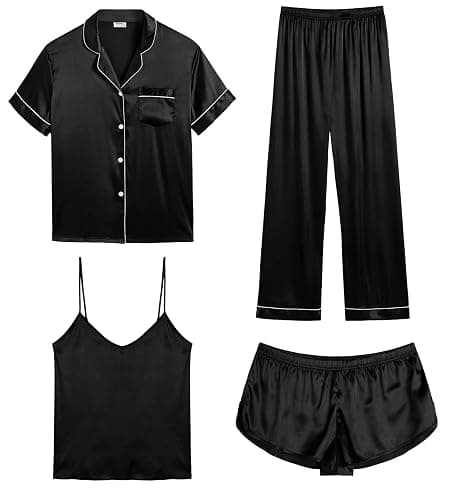 SWOMOG Womens Silk Satin Pajamas Sets 4pcs Sleepwear Sexy Cami Shorts Set and Button Down Short Sleeve Pjs Loungewear - Image 1