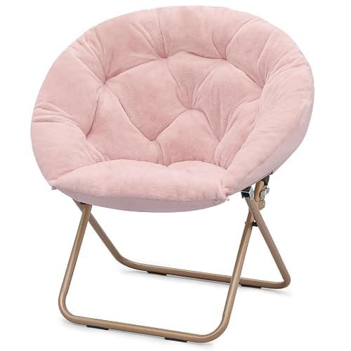 Athena Collection Comfy Saucer Chair Folding Cozy Chair for Bed Room Living Room Accent Chair Faux Fur Reading Chair Foldable Metal Frame Lazy Chair Moon Chair for Adult, Pink - Image 1