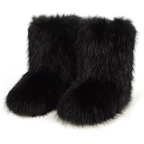 QMFUR Women's Furry Faux Fur Boots Fuzzy Fluffy Mid Calf Snow Boots Suede Warm Fur Lined Booties Flat Fashion Boots - Image 1