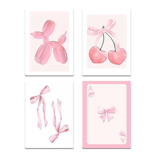 Onperpoe 4 Pink Posters Set Canvas Wall Art Preppy Room Decor Aesthetic Bow Cherry Balloon Puppy Poker Poster Wall Art Aesthetic Posters Coquette Room Decor (Pink Cherry) - Image 1