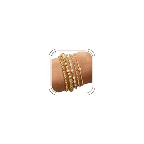 Yoosteel Mothers Day Gifts - 14K Gold Plated Stackable Beaded Bracelets Set for Women Teen Girl Gifts Dainty Round Beaded Pearl Cross Bracelet Jewelry Gifts - Image 1