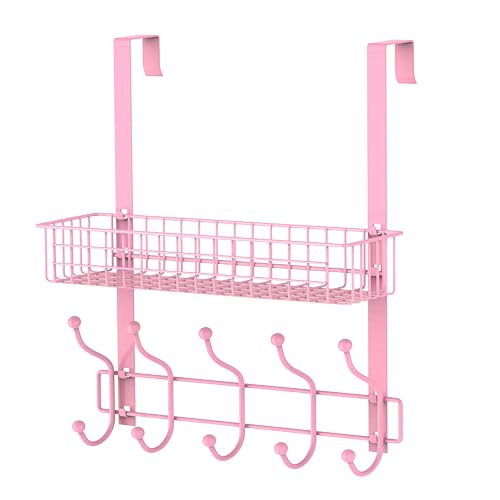 MILIJIA Coat Rack, Over The Door Hanger with Mesh Basket, Detachable Storage Shelf for Towels, Hats, Handbags, Coats (Pink) - Image 1