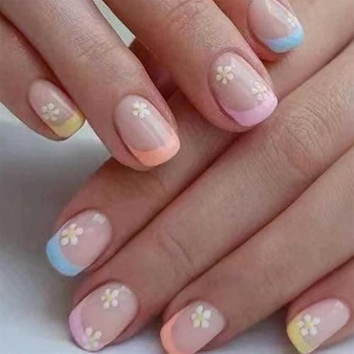 Hkanlre Square French Press on Nails Short Cute Fake Nails Acrylic Flower False Nails for Women and Girls 24PCS - Floral - Image 1