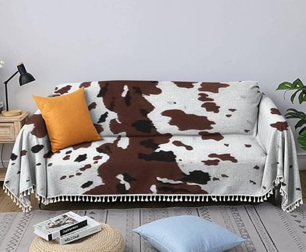 Sofa Towel Seamless Texas Longhorn cow hide print design with big brown spots Cover Chair Slipcovers Cotton and Linen Weaving Tassel Soft Non-Slip Decoration Blanket Background Furniture Protector - Image 1