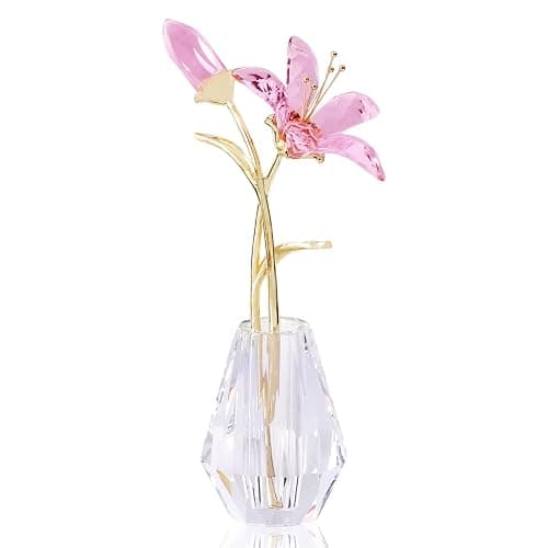 YWHL Crystal Lily Flower Figurine with Vase, Handmade Pink Glass Lily Flower Gifts for Woman, Wedding Gifts for Couple, Home Party Decorations (Pink) - Image 1