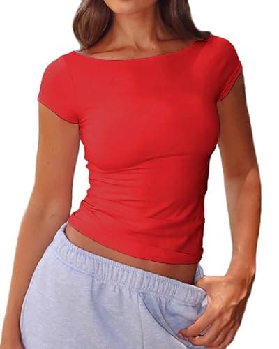 Beumissy Women's Boat Neck Baby Tee Short Sleeve T-Shirts Going Out Tops | Breathable Cotton, Flattering, Comfortable, Cute Tops , Y2K, Trendy Summer, Basic T, Daily Outfits - Image 1