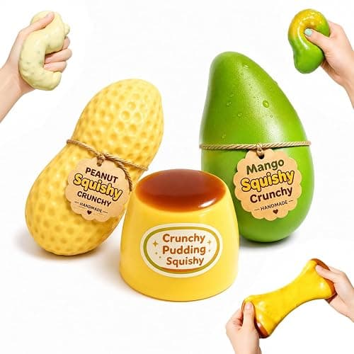 3 Crunchy Squishy Pack,Squishy Fidget Toys Adults,Slow Rising Squishy Toys | Crunchy Peanut Squishy Stress Balls for Adults,Crunchy Peanut Squishy&Crunchy Mango Squishy&Pudding Squishy Kit - Image 1