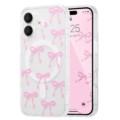 UEEBAI Magnetic for iPhone 16 Plus Case, Bow Case Compatible with MagSafe, Wireless Slim Clear Ribbon Aesthetic Phone Cover Anti-Yellowing Shockproof Protective Cover for Women Girl - Pink - Image 1