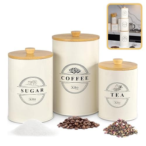 Kito LIVING Canisters Sets for Kitchen Counter Storage and Organization with Wooden Bamboo Lids, Food Pantry Containers, Stackable Steel Storage Bins, Airtight Sugar Tea Coffee Canisters - Cream - Cream - Coffee, Sugar, Tea - Image 1