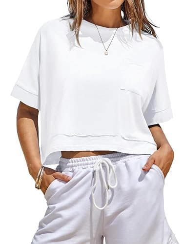 Fisoew Womens Oversized Crop Tops Workout Short Sleeve T Shirts Summer Casual Loose Fit Basic Tee Shirts with Pockets - Image 1