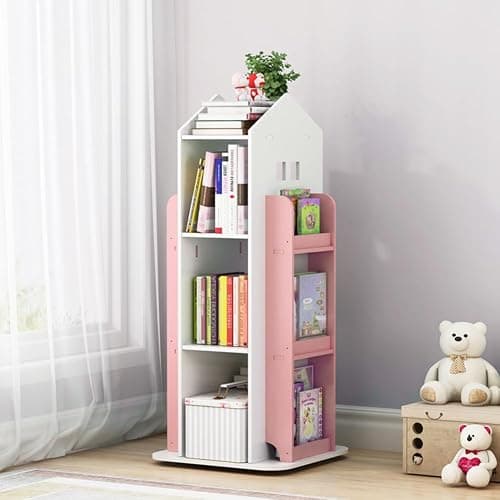 Warmiehomy Rotating Kids Bookshelf Children's Bookcase Revolving Corner Bookshelf Storage Rack for Kids Toddler Children Playroom Study Room (Pink) - Image 1