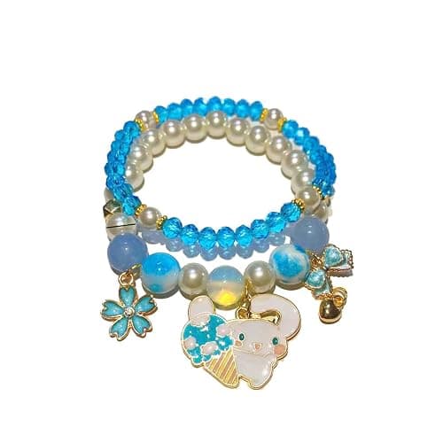 GAUEIOUR Cinnamoroll Crystal Bead Bracelet,Lovely Cartoon Elastic Bracelet Girls And Women, Blue Small Fresh Simple Jade Dog Bracelet (Blue 2 Pack) - Image 1