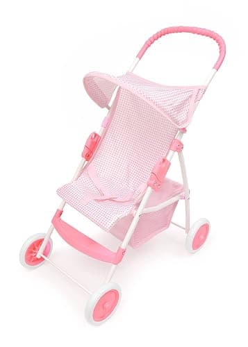 Badger Basket Folding Doll Umbrella Stroller for Dolls Up to 18 Inches - Lightweight, Compact Doll Stroller with Safety Belt, Pink and White Design - Image 1