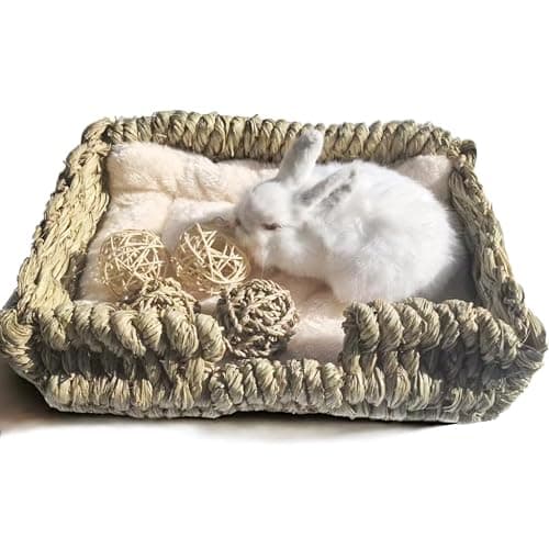 KitKni Natural Seaweed Pet Bed with Plush Cushion, 4 Woven Balls, Handmade Tetragonal Pet Basket, Cozy Indoor Den for Rabbits, Cats and Small Dogs - Image 1