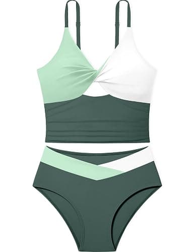 Doumlop Girls Swimsuit Color Block Girls Bathing Suit Twist Tankini Set Two Piece Girl Swimwear Bikini Set for 9-16 Years - Image 1