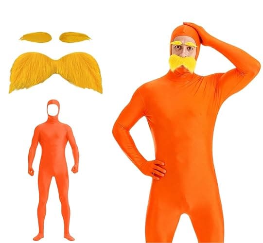 Orange Jumpsuit Women Men Halloween Costume Slim Fit Yellow Bodysuit with Mustache and Eyebrows Stretch Funny Cosplay Clothes - Image 1
