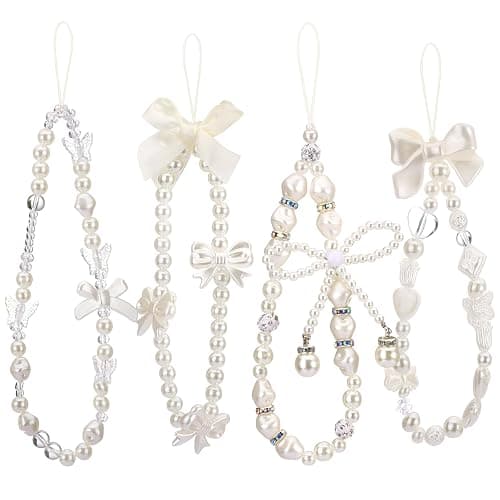 Draupnir 4pcs Phone Charms Strap, Butterfly Bow Camera Strap Wrist Beaded Phone Bracelet Wrist Straps, Pearl Bracelet Lanyard Keychain Charm for Women - Image 1