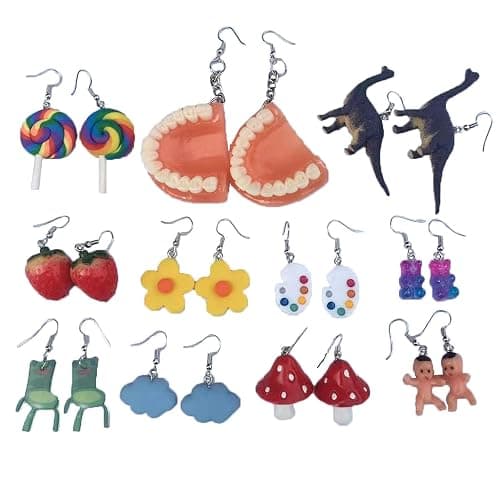11 Pairs Funny Gummy Bear Mushroom Strawberry Dangle Earrings Set Dainty Cloud Dinosaur Flower Fruit Duck Ice Cream Earrings for Women Girls Jewelry - Image 1