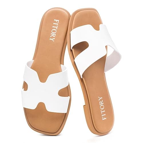 FITORY Women's Slide Sandals, Flat Fashion Square Open Toe with Cushion Slippers for Summer Beach - Image 1