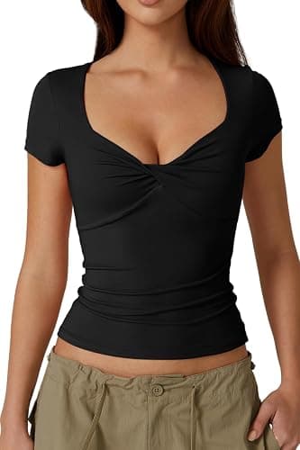 QINSEN Women's Twist Front V Neck T Shirts Double Lined Short Sleeve Slim Fit Crop Top Trendy Y2K Tops Tee - Image 1