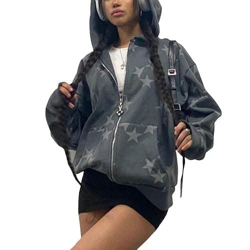 Tuislay Women Star Graphic Zip Up Hoodies Y2k for Teen Girls Oversized Streetwear E-Girl 90s Baggy Grunge Sweatshirt Jacket - Image 1
