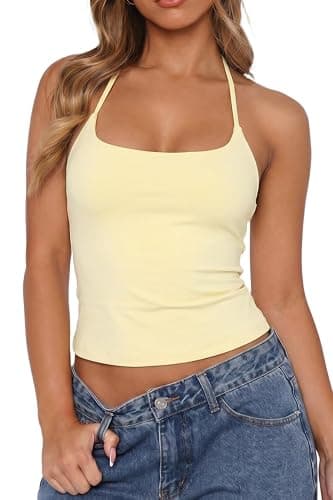 QINSEN Self Tie Halter Neck Basic Shirts for Womens Double Lined Slimming Fit Going Out Sleeveless Tops - Image 1