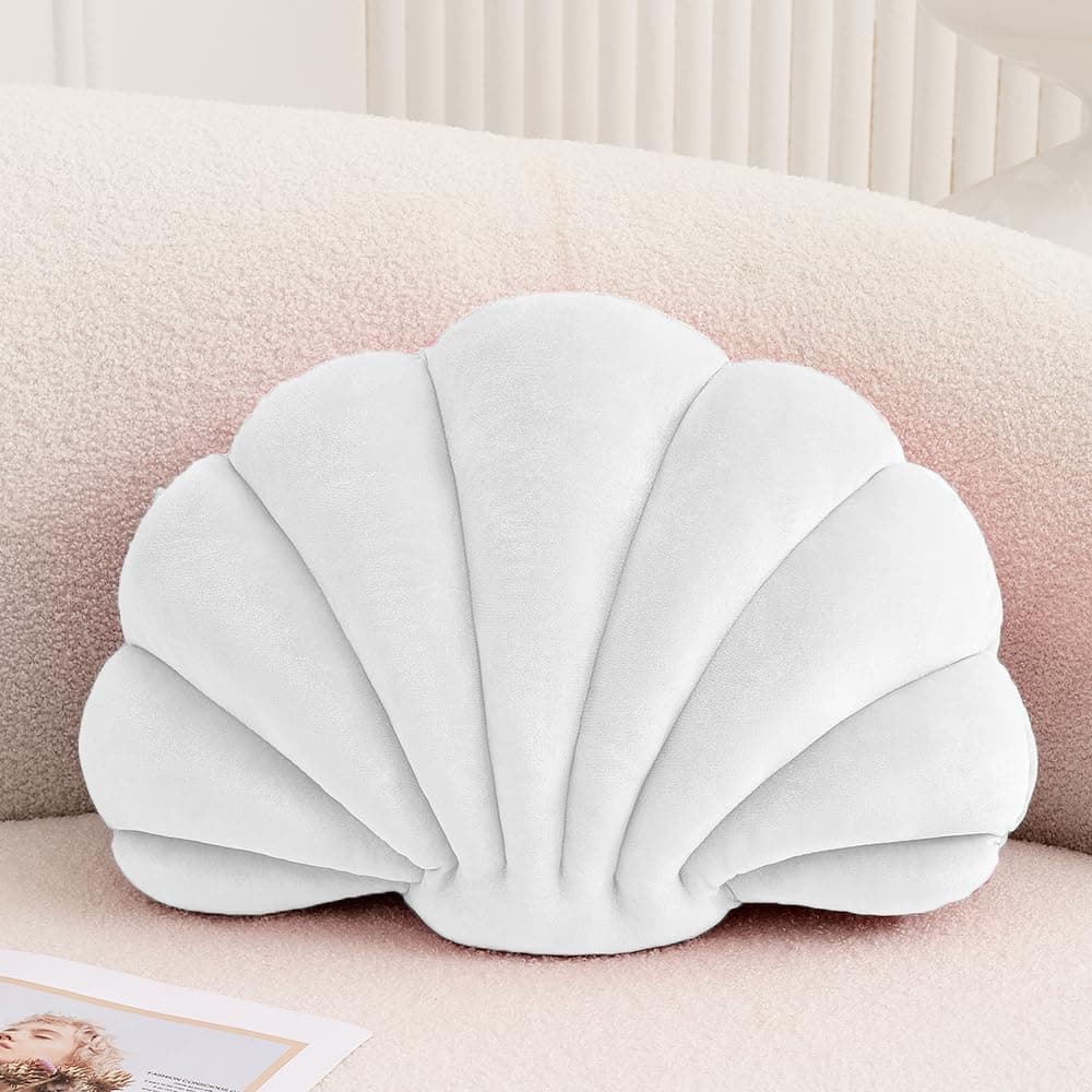 XIAIJIA Seashell Decorative Pillow Shell Shaped Throw Pillow 3D Insert Beach Pillow Soft Velvet Pillow Sea Ocean Decoration Couch Bed Pillow Cushions(White,14 X 11 inch) - 14 X 11 Inch - White - Image 1