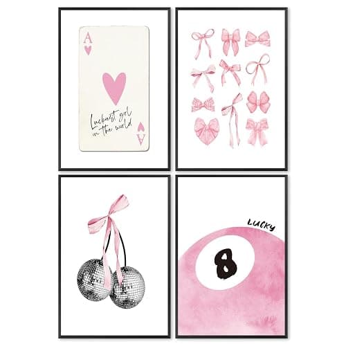 Set of 4 Pink Canvas Wall Art Coquette Room Decor Aesthetic Canvas Wall Art Set Of 4 Preppy Pink Bow Heart Ace A Poker Pictures Girly Cute Posters Coquette Wall Decor 8x10in Unframed - Image 1