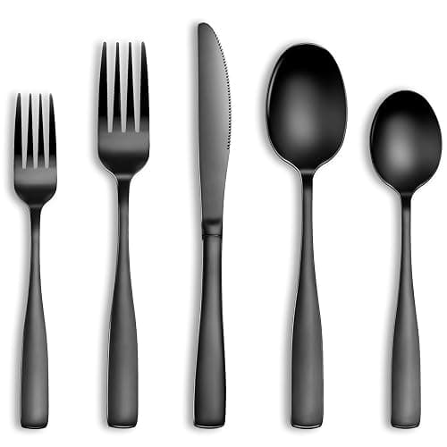 20 Pcs Black Silverware Set, Food-Grade Stainless Steel Flatware Set for 4, Square Cutlery Set, Mirror Polished Tableware Eating Utensils Set for Kitchen, Include Knife Fork Spoon Set,Dishwasher Safe - Black - Square Handle 20 Pieces - Image 1