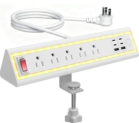 NYYTGE Desk Clamp Power Strip with Nightlight, 40W Fast Charging, 10FT Extension Cord, 4x20W USB-C & 2 USB Ports, 5 AC Outlets, Fits 1.69-Inch Table Edges - Image 1