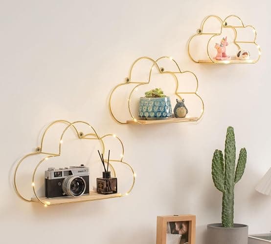Niemro - Golden Cloud Shape Floating Shelves with LED Lights Wall Decor,Gold Metal Wire and Wood Base Wall Mounted Shelf Decorations for Home Bedroom Living Room - Set of 3 - Image 1