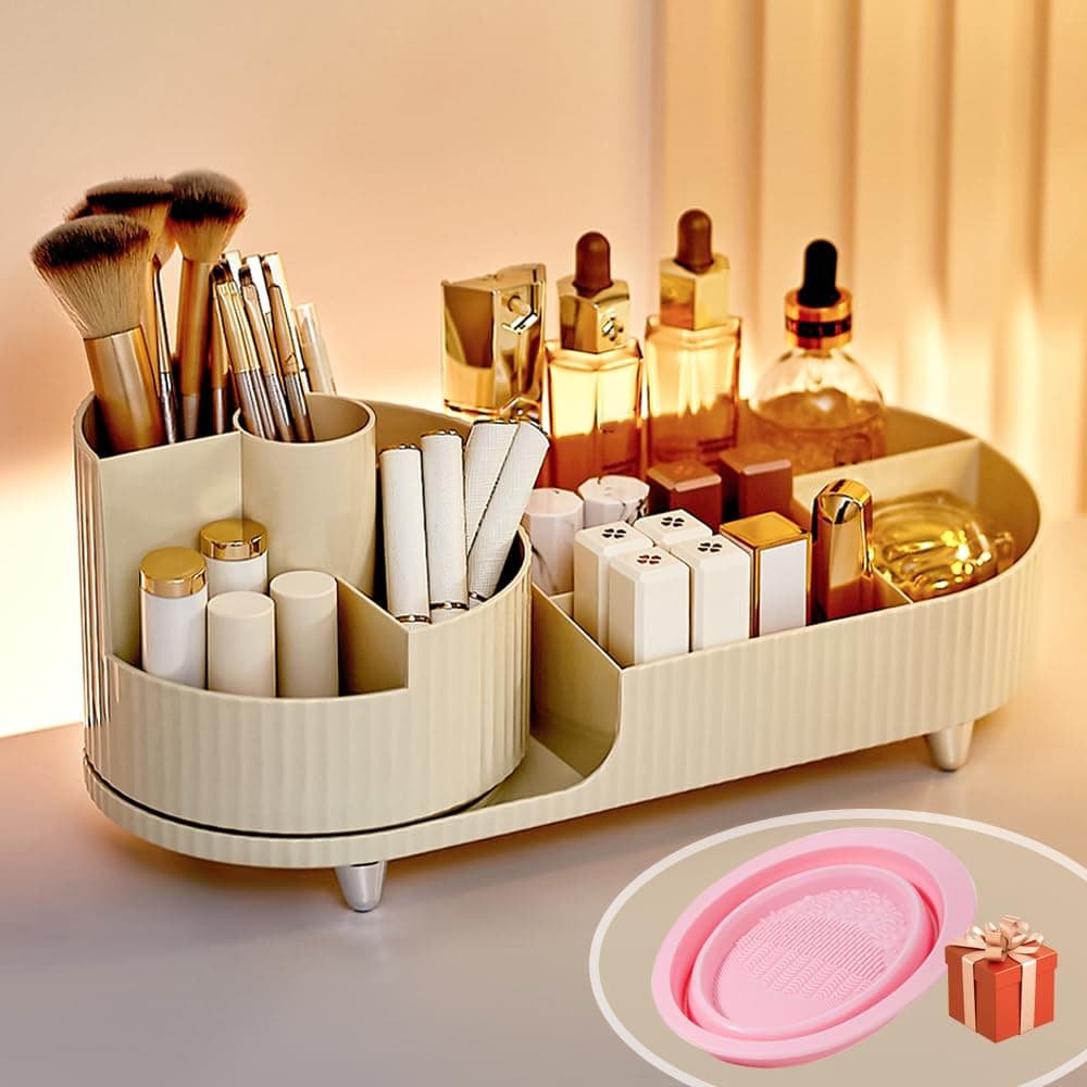 Makeup Organiser, Makeup Table Organiser, 360 Degree Rotation and 2-in-1 Compartment, Cosmetic Organiser for Dressing Table, Bathroom, Makeup Organizer, Bathroom Organiser, Skincare Organiser (Beige) - Image 1