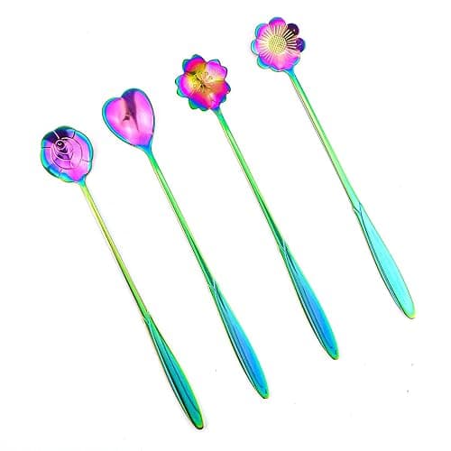 LEEFONE Flower Spoon Set of 4, 7 Inches Stainless Steel Reusable Cute Tea Spoon for Drink Mixing Milkshake Jam (Rainbow) - Image 1