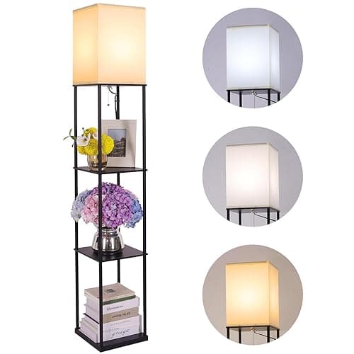 Gupuzm Floor Lamp with Shelves, Modern Square Standing Lamp with 3 Color Temperature Bulb, Corner Display Bookshelf Lamp for Living Room, Bedroom and Office (Black) - Image 1