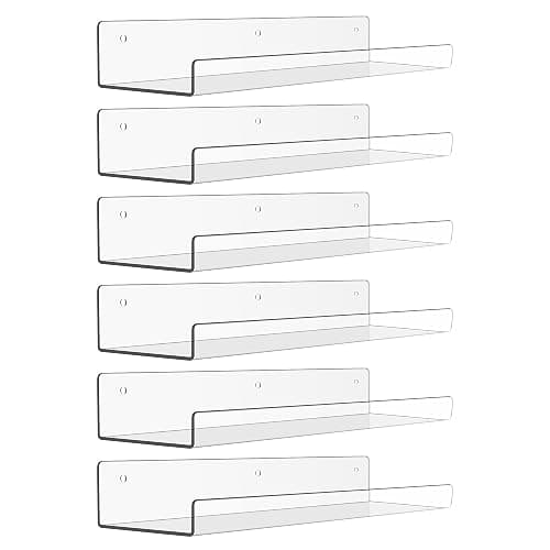 upsimples 6 Pack Acrylic Shelves for Wall Storage, 15" x 4“ Floating Bookshelves for Kids, Display Shelf Organizer for Bathroom, Bedroom, Living Room, Kitchen, Room Decor, Clear - 6 - 15x4" - Image 1