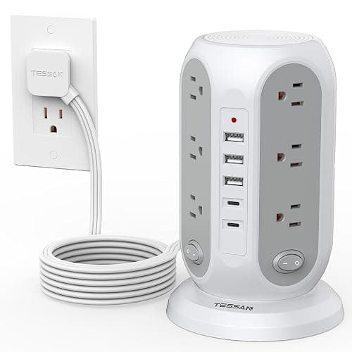 TESSAN Tower Power Strip with Individual Switches, Surge Protector with 12 Outlets, 5 USB Ports(2 USB C), Flat Extension Cord 10 Ft, 1250W, Charging Station for Multiple Devices, Office, Dorm, Grey - Image 1