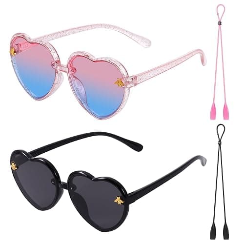obmwang 2 PCS Kids Heart Shaped Sunglasses Cute Bee Glasses with Strap for Girls Boys Age 3-10 UV400 Protection Outdoor Beach - Pink/Gradient Blue, Black/Gray - 55 Millimeters - Image 1