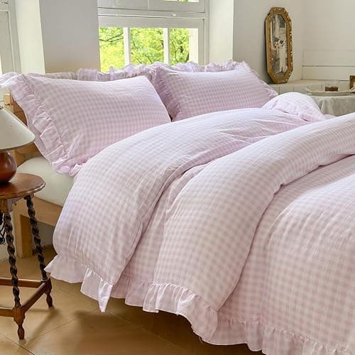 NSNLGSGC Pink Gingham Ruffle Duvet Cover Queen Size, 3 Pieces Soft Pre-Washed Microfiber Checked Plaid Comforter Cover Set, Vintage Farmhouse Bedding Set(Pink Gingham, Queen 90"x90") - Image 1