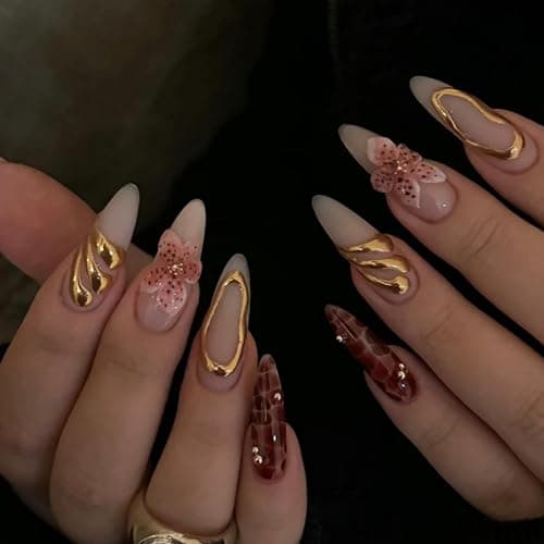 Flower Press on Nails Medium Almond Fake Nails with Gold Embossed Design Full Cover Stick on Nail Pink Floral False Nails Glossy Acrylic Nails for Women Nail Manicure Decoration 24 Pcs - Image 1